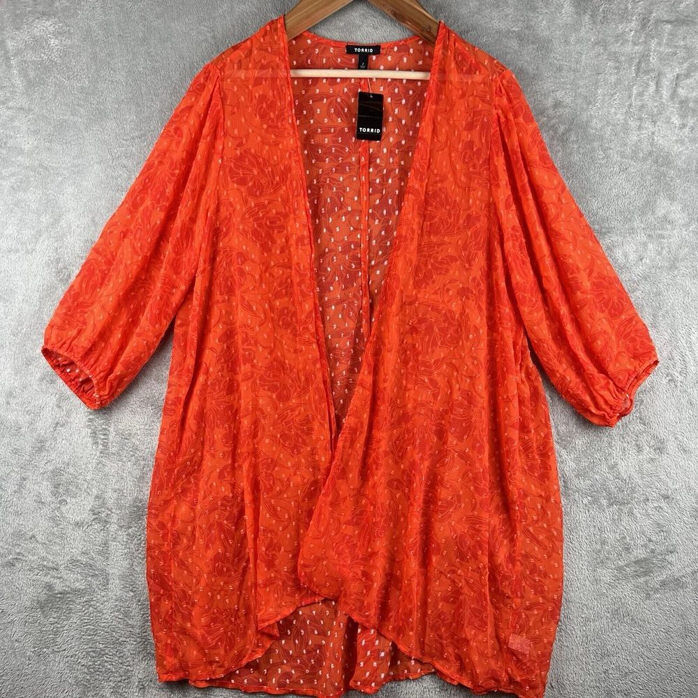 Torrid Kimono Cover-Up Open Front Chiffon Cardigan Women's‎ 2x Red Polka Dot NWT